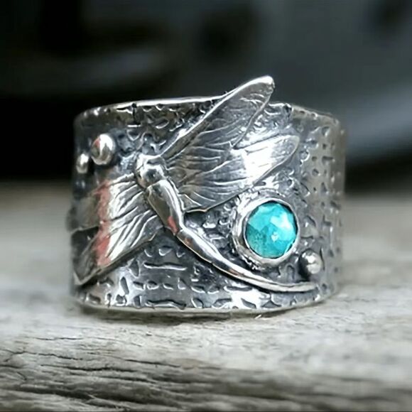 Jewelry - Vintage Style Size 9 Silver Plated Wide Band Dragonfly Ring New!